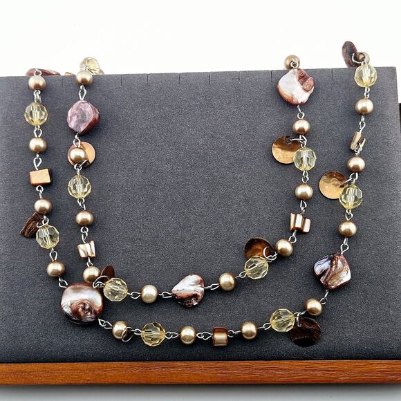 Stone And Shell Beaded Chain Link Necklace Brown Tan Natural Boho Beach 2-Strand - Picture 1 of 5